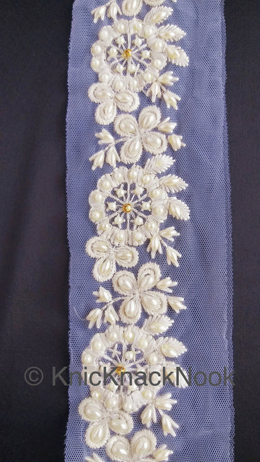White Pearl And Rhinestones Beads Net Lace Trim, Floral Trim, One Yard